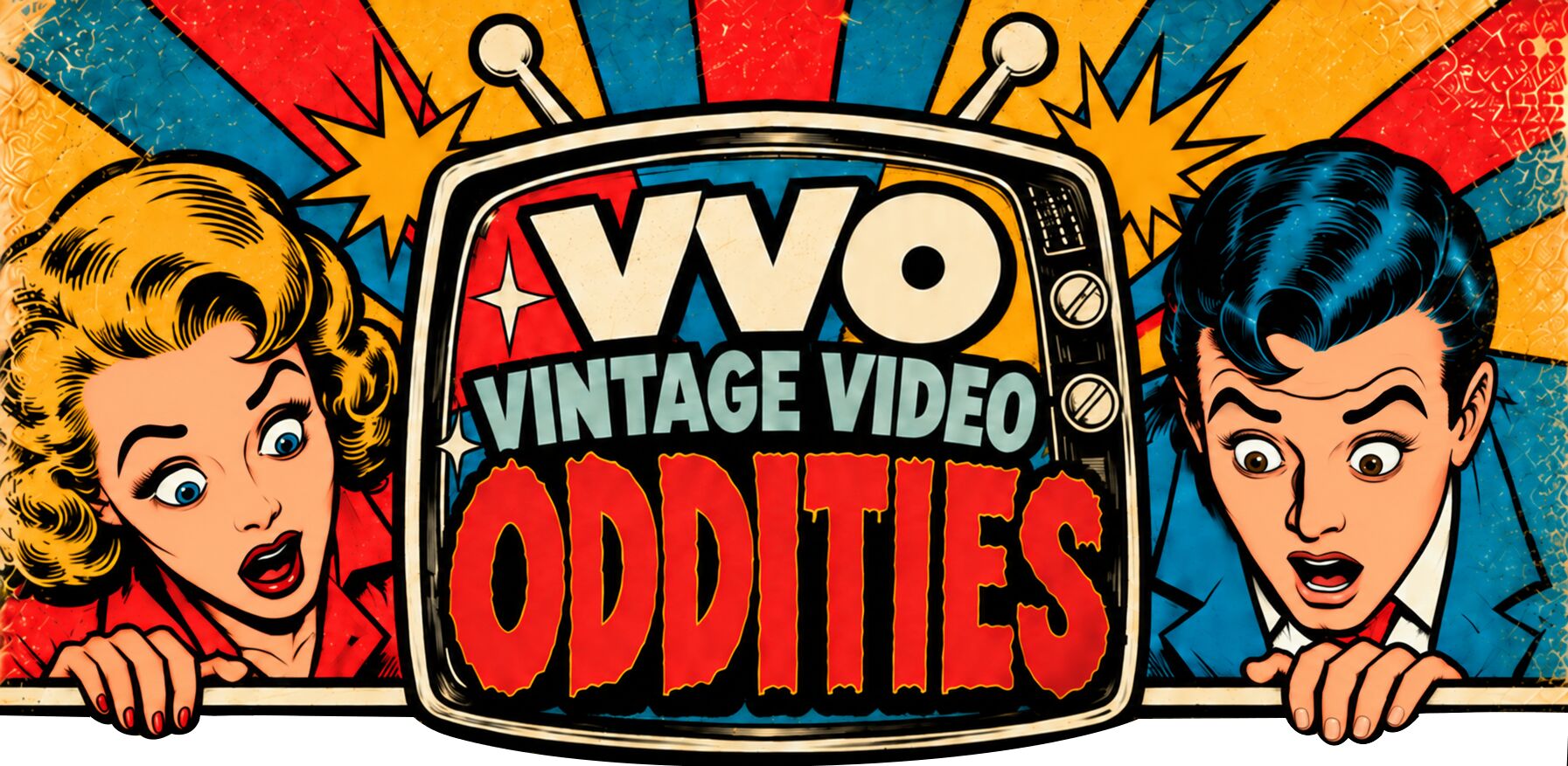 Vintage Video Oddities retro television artwork with two surprised hosts